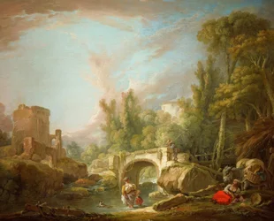Paysage fluvial avec ruine et pont